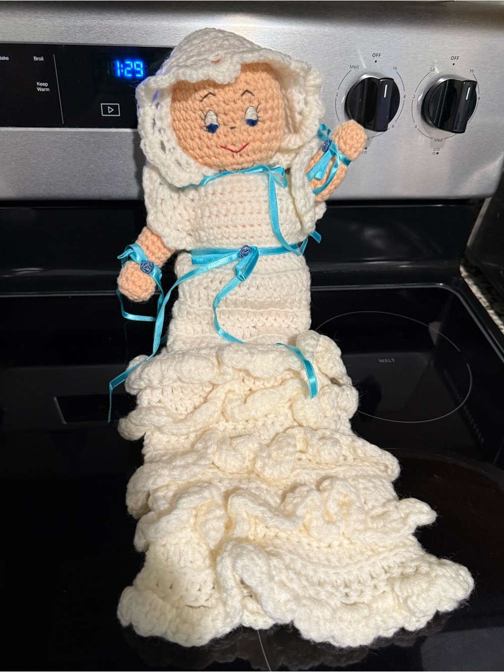 Vintage crochet doll with mermaid outfit- handmade baby stuffed 20”